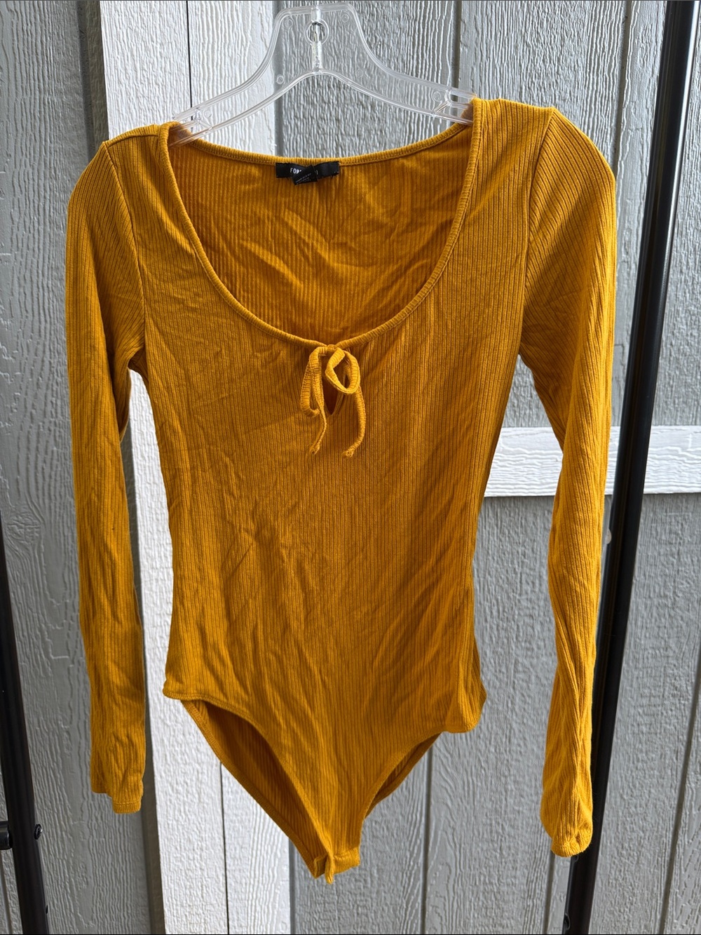 Forever 21 Mustard Long-Sleeve Scoop Neck Tie-Front Bodysuit